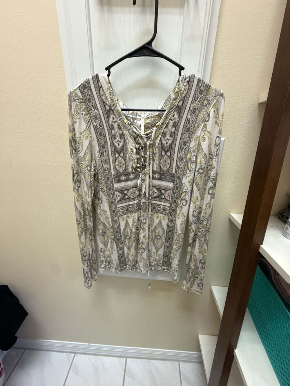 Free People Aloha Mai Tai Ivory and Gray Lace Up Long Sleeve Top